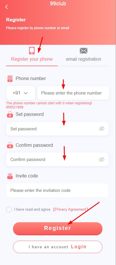 99Club quick account registration on mobile